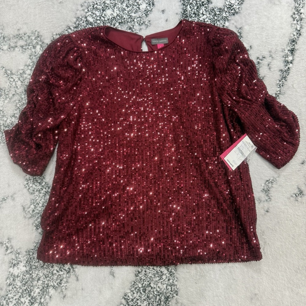 Vince Camuto Womens Size Large Burgundy Sequin Puff Sleeve Top NWT Holiday Party